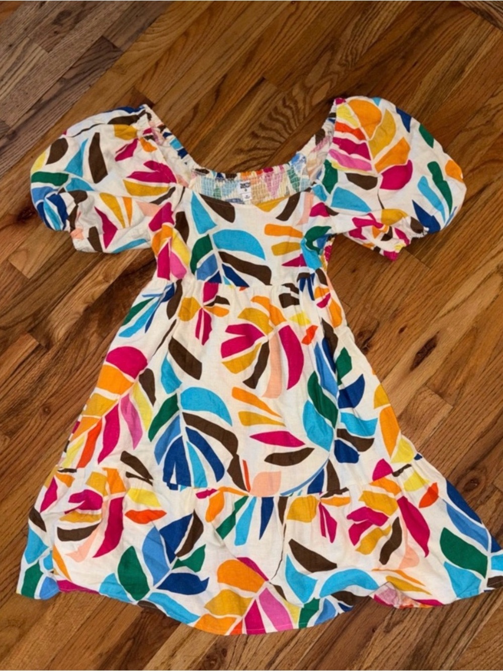 NWOT Tabitha Brown - Puff-Sleeved Multicolor Smocked Dress - Cream Base